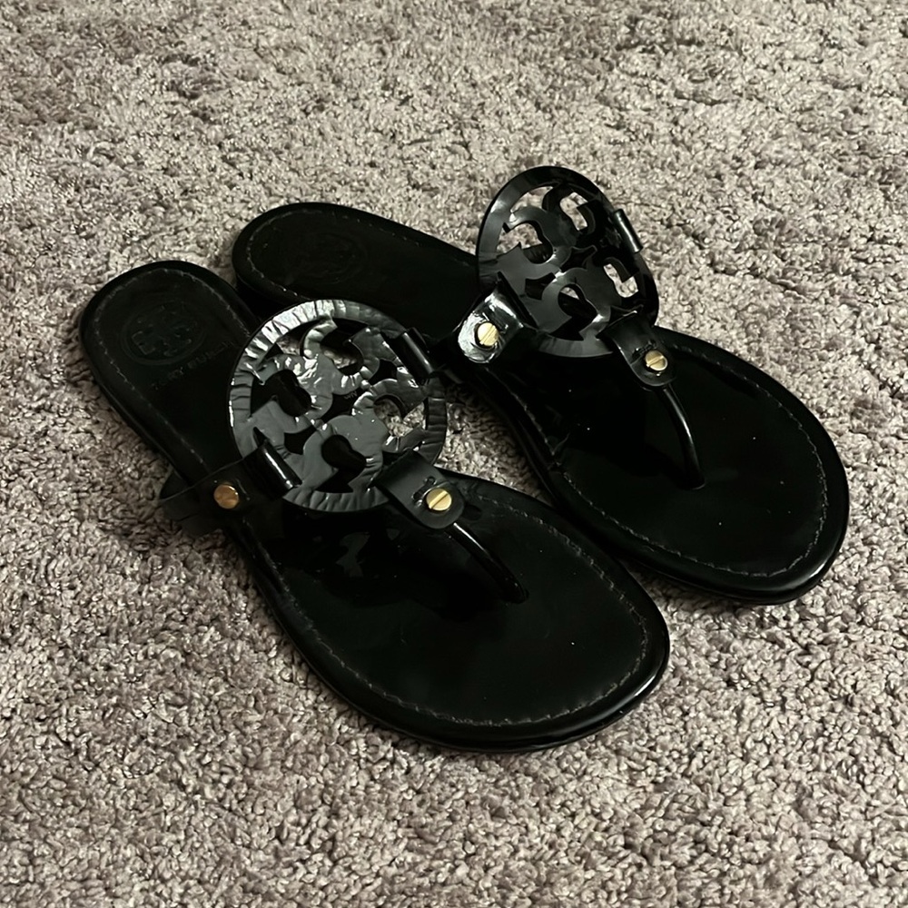 Tory Burch Black Leather Sandals with Medallion